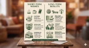 Quick list of Short-Term Wishes (caffeine, scrolling, sleeping in) vs. Long-Term Results (RLT, Therapy, regulated nervous system).