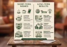 Quick list of Short-Term Wishes (caffeine, scrolling, sleeping in) vs. Long-Term Results (RLT, Therapy, regulated nervous system).